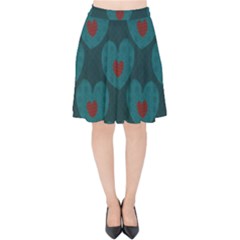 Teal And Red Hearts Velvet High Waist Skirt by SpinnyChairDesigns