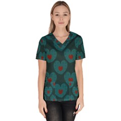 Teal And Red Hearts Women s V-neck Scrub Top by SpinnyChairDesigns