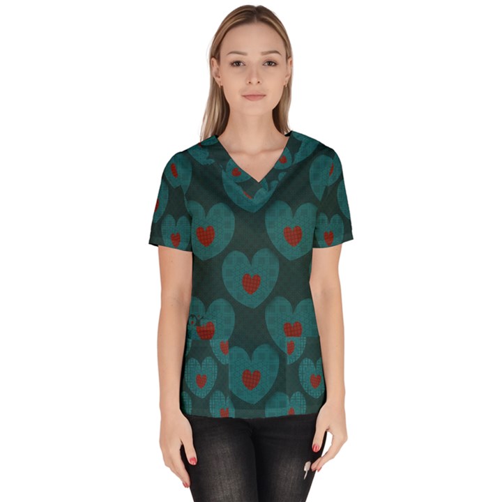 Teal and Red Hearts Women s V-Neck Scrub Top