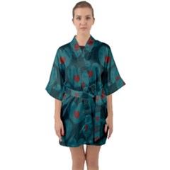 Teal And Red Hearts Half Sleeve Satin Kimono  by SpinnyChairDesigns