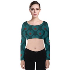 Teal And Red Hearts Velvet Long Sleeve Crop Top by SpinnyChairDesigns