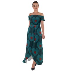 Teal And Red Hearts Off Shoulder Open Front Chiffon Dress by SpinnyChairDesigns