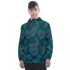 Teal And Red Hearts Men s Front Pocket Pullover Windbreaker by SpinnyChairDesigns