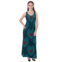 Teal And Red Hearts Sleeveless Velour Maxi Dress