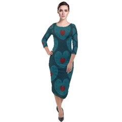 Teal And Red Hearts Quarter Sleeve Midi Velour Bodycon Dress by SpinnyChairDesigns