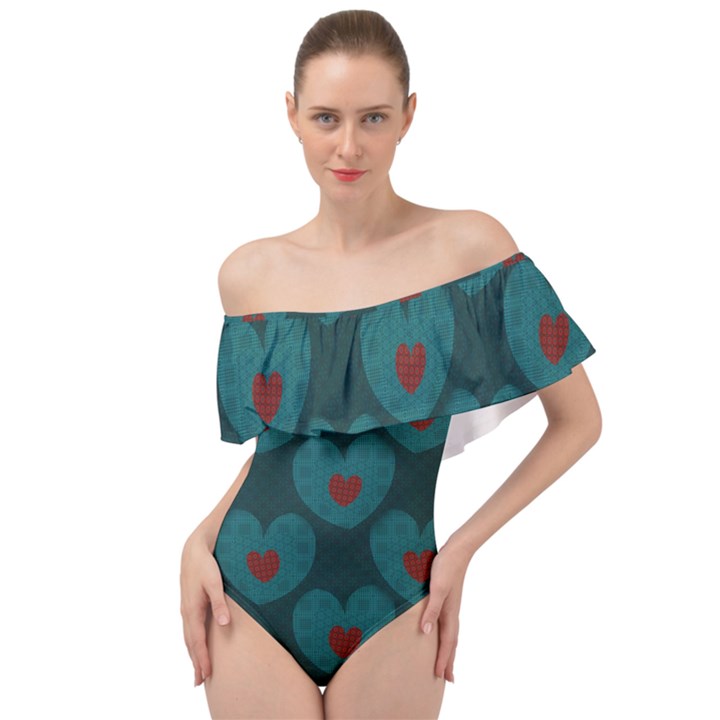 Teal and Red Hearts Off Shoulder Velour Bodysuit 