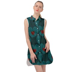 Teal And Red Hearts Sleeveless Shirt Dress by SpinnyChairDesigns