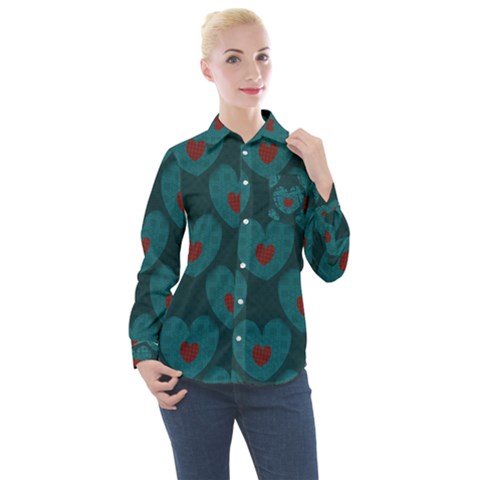 Teal And Red Hearts Women s Long Sleeve Pocket Shirt by SpinnyChairDesigns