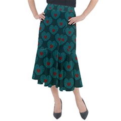 Teal And Red Hearts Midi Mermaid Skirt by SpinnyChairDesigns