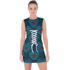 Teal And Red Hearts Lace Up Front Bodycon Dress by SpinnyChairDesigns