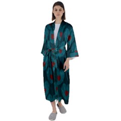 Teal And Red Hearts Maxi Satin Kimono