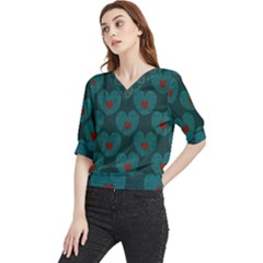 Teal And Red Hearts Quarter Sleeve Blouse