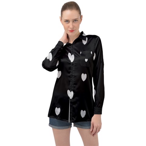 Black And White Polka Dot Hearts Long Sleeve Satin Shirt by SpinnyChairDesigns