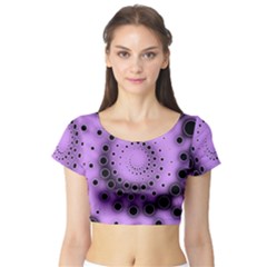 Abstract Black Purple Polka Dot Swirl Short Sleeve Crop Top by SpinnyChairDesigns