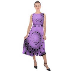 Abstract Black Purple Polka Dot Swirl Midi Tie-back Chiffon Dress