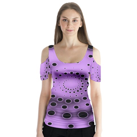 Abstract Black Purple Polka Dot Swirl Butterfly Sleeve Cutout Tee  by SpinnyChairDesigns