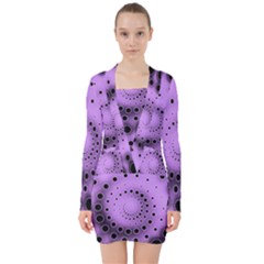 Abstract Black Purple Polka Dot Swirl V-neck Bodycon Long Sleeve Dress by SpinnyChairDesigns