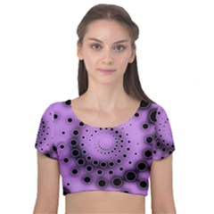 Abstract Black Purple Polka Dot Swirl Velvet Short Sleeve Crop Top  by SpinnyChairDesigns