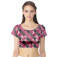 Abstract Pink Grey Stripes Short Sleeve Crop Top by SpinnyChairDesigns