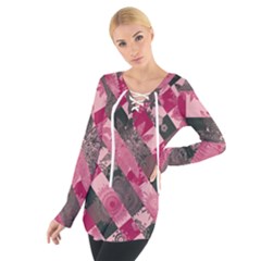 Abstract Pink Grey Stripes Tie Up Tee by SpinnyChairDesigns