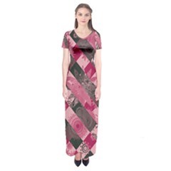 Abstract Pink Grey Stripes Short Sleeve Maxi Dress by SpinnyChairDesigns