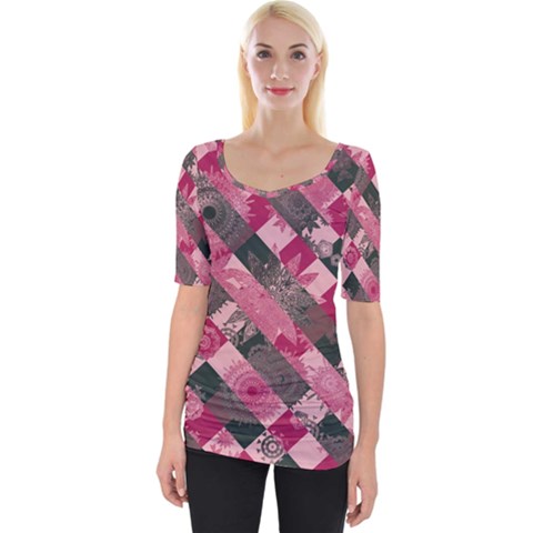 Abstract Pink Grey Stripes Wide Neckline Tee by SpinnyChairDesigns