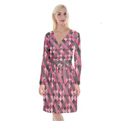 Abstract Pink Grey Stripes Long Sleeve Velvet Front Wrap Dress by SpinnyChairDesigns