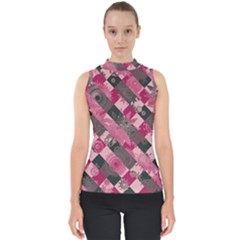 Abstract Pink Grey Stripes Mock Neck Shell Top by SpinnyChairDesigns