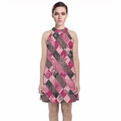 Abstract Pink Grey Stripes Velvet Halter Neckline Dress  by SpinnyChairDesigns