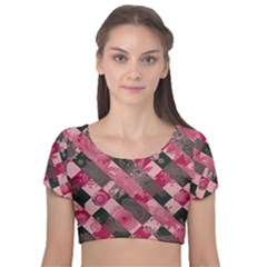 Abstract Pink Grey Stripes Velvet Short Sleeve Crop Top  by SpinnyChairDesigns