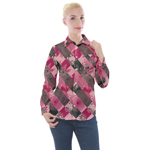 Abstract Pink Grey Stripes Women s Long Sleeve Pocket Shirt by SpinnyChairDesigns