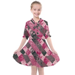 Abstract Pink Grey Stripes Kids  All Frills Chiffon Dress by SpinnyChairDesigns