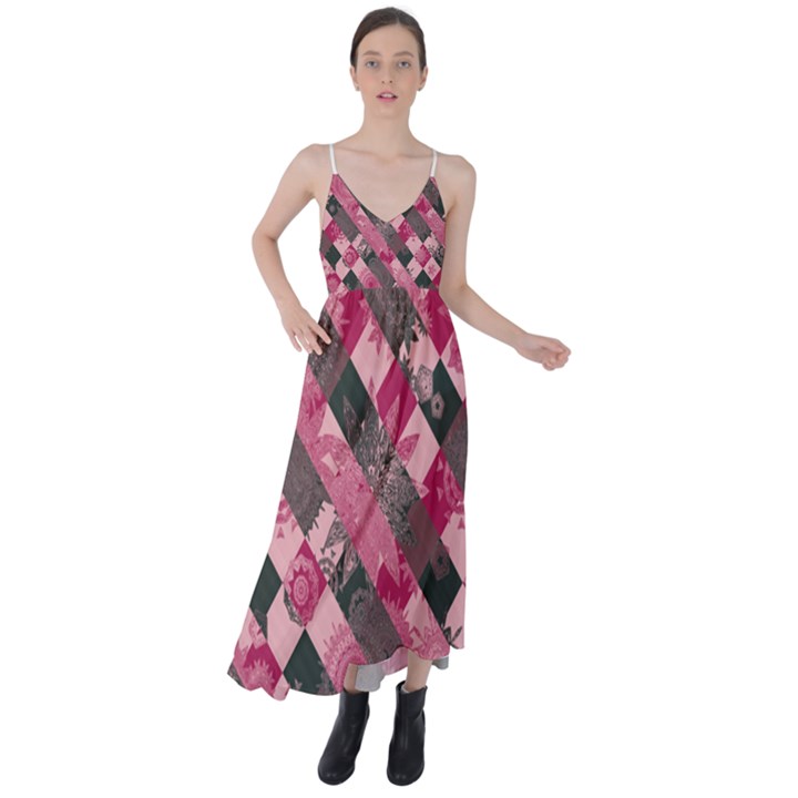 Abstract Pink Grey Stripes Tie Back Maxi Dress