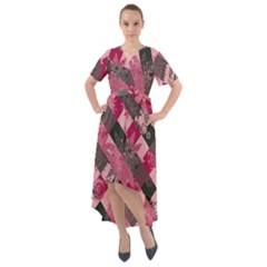 Abstract Pink Grey Stripes Front Wrap High Low Dress by SpinnyChairDesigns