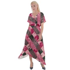 Abstract Pink Grey Stripes Cross Front Sharkbite Hem Maxi Dress by SpinnyChairDesigns