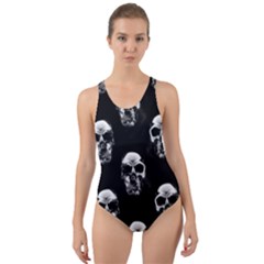 Black And White Skulls Cut-out Back One Piece Swimsuit by SpinnyChairDesigns