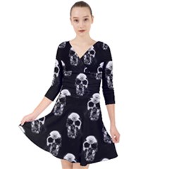 Black And White Skulls Quarter Sleeve Front Wrap Dress by SpinnyChairDesigns