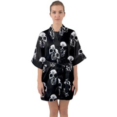 Black And White Skulls Half Sleeve Satin Kimono  by SpinnyChairDesigns