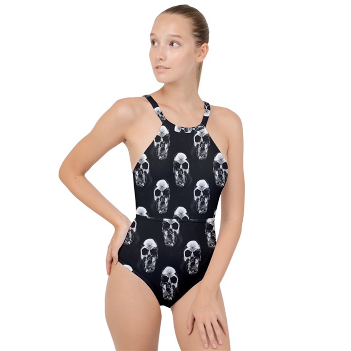 Black and White Skulls High Neck One Piece Swimsuit