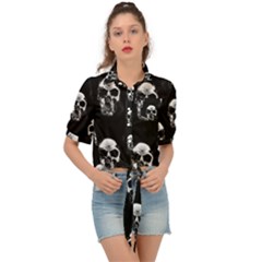 Black And White Skulls Tie Front Shirt  by SpinnyChairDesigns