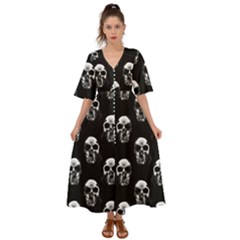 Black And White Skulls Kimono Sleeve Boho Dress by SpinnyChairDesigns