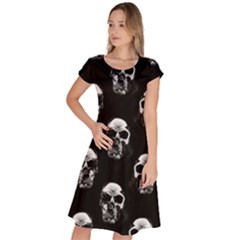 Black And White Skulls Classic Short Sleeve Dress by SpinnyChairDesigns