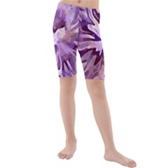 Plum Purple Abstract Floral Pattern Kids  Mid Length Swim Shorts by SpinnyChairDesigns