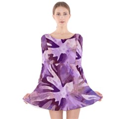 Plum Purple Abstract Floral Pattern Long Sleeve Velvet Skater Dress by SpinnyChairDesigns