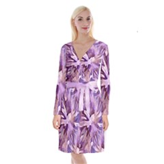 Plum Purple Abstract Floral Pattern Long Sleeve Velvet Front Wrap Dress by SpinnyChairDesigns