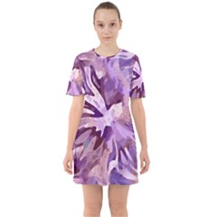 Plum Purple Abstract Floral Pattern Sixties Short Sleeve Mini Dress by SpinnyChairDesigns