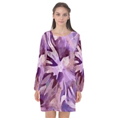 Plum Purple Abstract Floral Pattern Long Sleeve Chiffon Shift Dress 