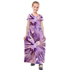 Plum Purple Abstract Floral Pattern Kids  Short Sleeve Maxi Dress by SpinnyChairDesigns