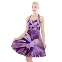 Plum Purple Abstract Floral Pattern Halter Party Swing Dress  View1