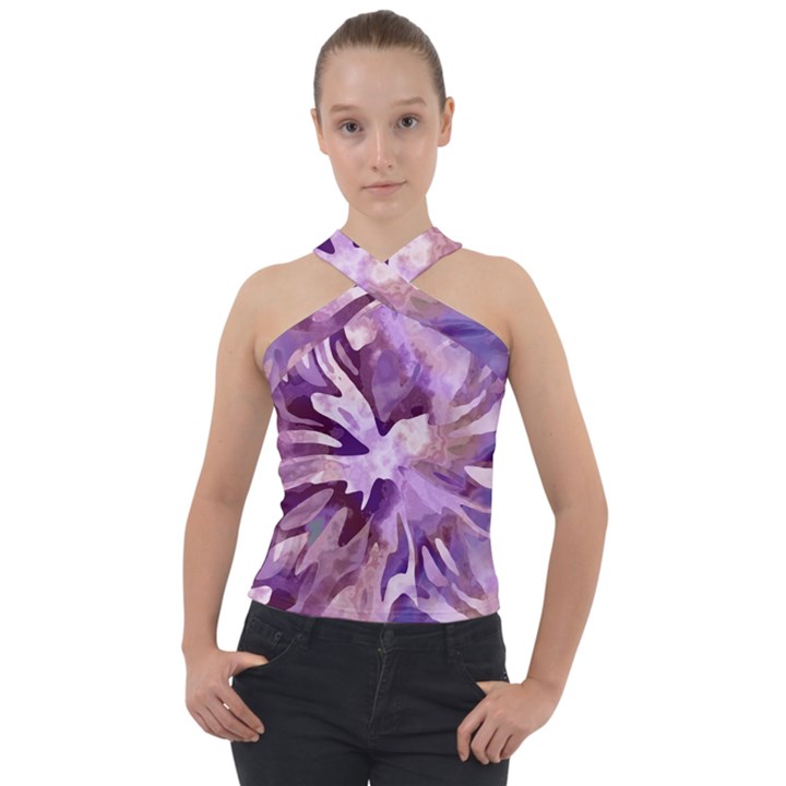 Plum Purple Abstract Floral Pattern Cross Neck Velour Top